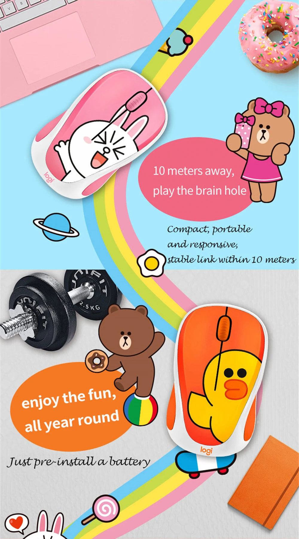 Оригинальная беспроводная мышка оптическая мышка lotech LINE FRIENDS, очень милая оптическая сенсорная мини-мышь для офиса и дома