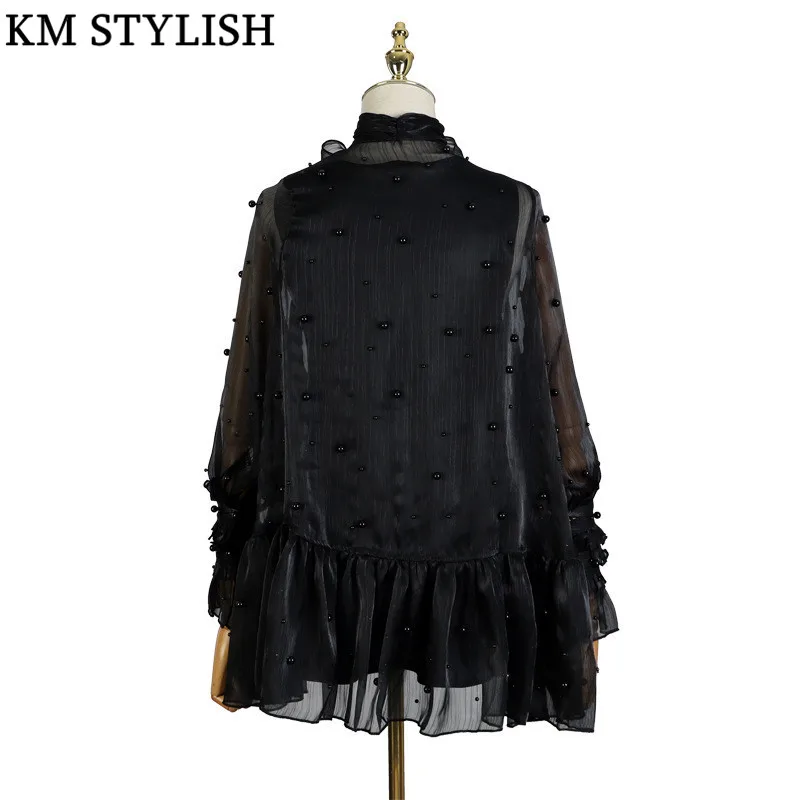 

2019 Spring New product Fairy Heavy Industry Beaded White Black Bow Loose Lady's Two-piece Blouse Chiffon Shirt