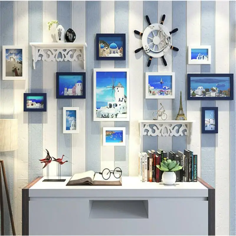 as the photo so Средиземноморский Стиль 11 шт. фоторамка комплект+ руль+ полка Home Decor фоторамка набор стене висит украшения кадров для фото - Цвет: as the photo so