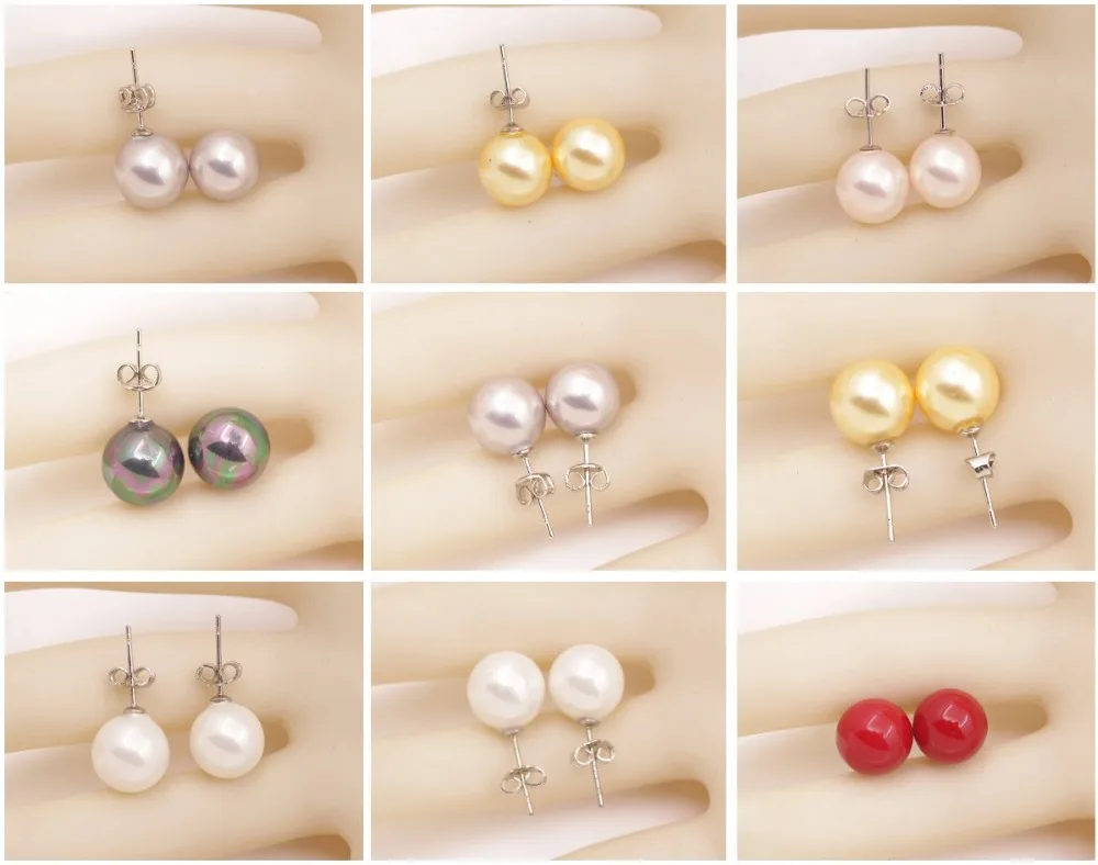 

10mm Round Shell Mother of Pearl Beads Stud Earring Jewelry Choose Color Red White Pink Golden Black Purple