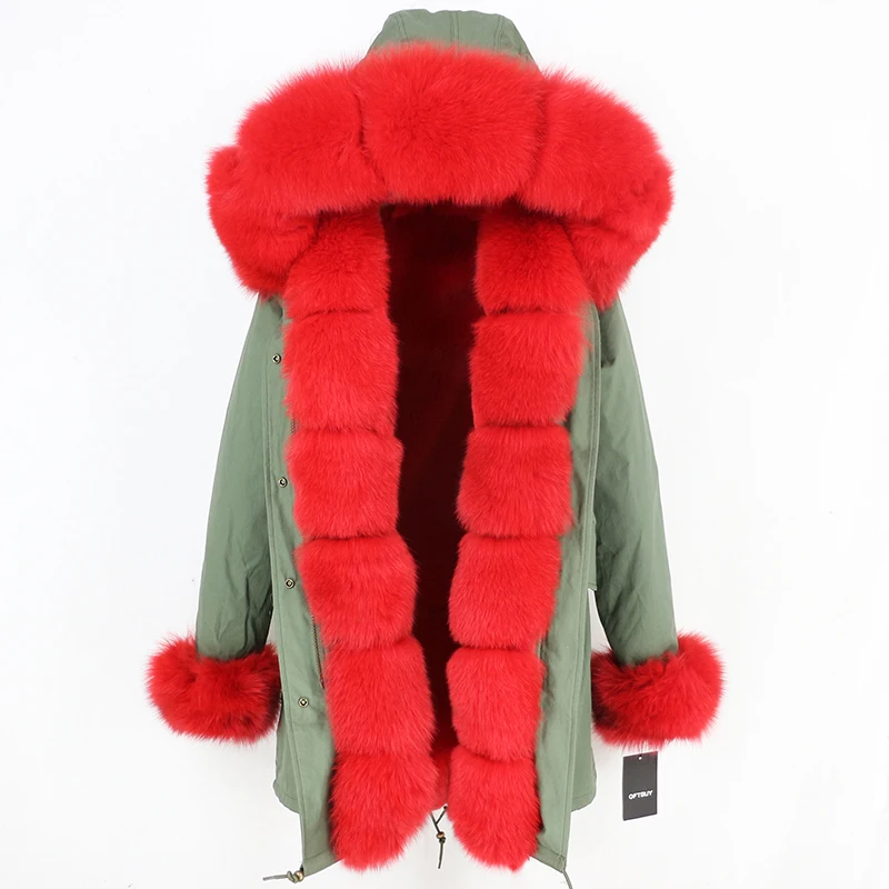 green red OFTBUY, Длинные парки, зимняя куртка, Женское пальто из натурального меха, натуральный Лисий мех, Отделка капюшона, черная верхняя одежда, уличная одежда, толстая теплая парка - Цвет: green red