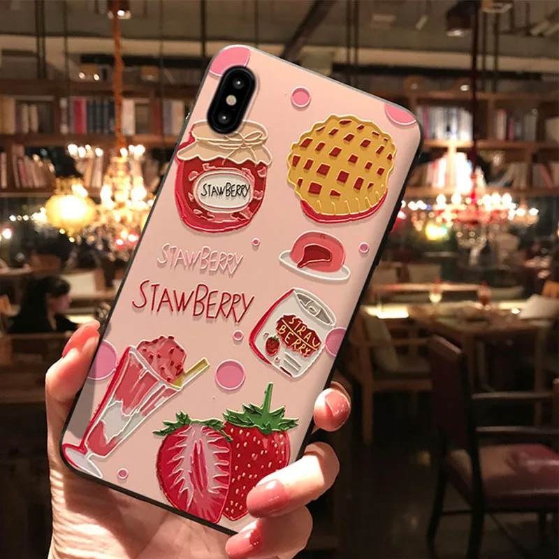 С клубничками, лето рельефный чехол для телефона для iPhone XS 11 Pro MAX XR Капа Симпатичные, из мягкого ТПУ для задней крышки для iPhone X, 8, 7, 6 S, 6 Plus