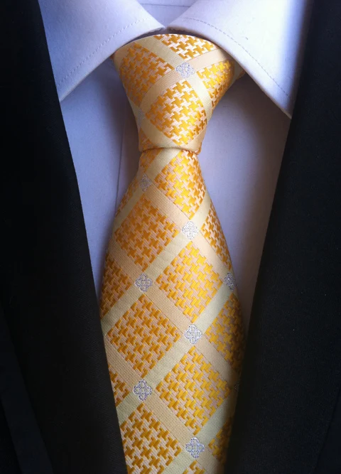 

Tie Hot Sale 8cm Designer Necktie SET Yellow with Diamond Plaids Handkerchief