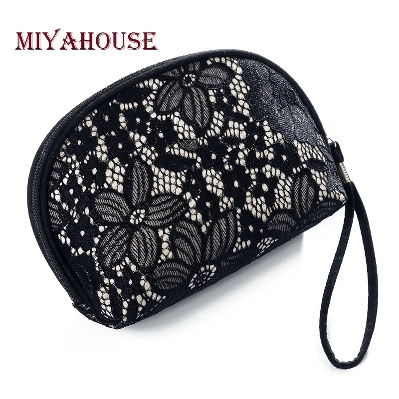 Miyahouse Роскошная Черная кружевная дизайнерская косметичка с металлическим бантом, женские косметички на молнии, маленькая сумочка для туалетных принадлежностей, Дамская моющаяся сумка