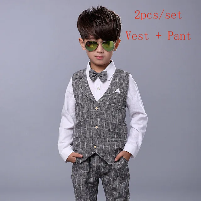 dark gray 2pcs Детские торжественные костюмы для мальчиков; нарядное платье для дня рождения, свадьбы; клетчатая рубашка в джентльменском стиле; жилет, жилет, брюки; одежда для детей; F188 - Цвет: dark gray 2pcs