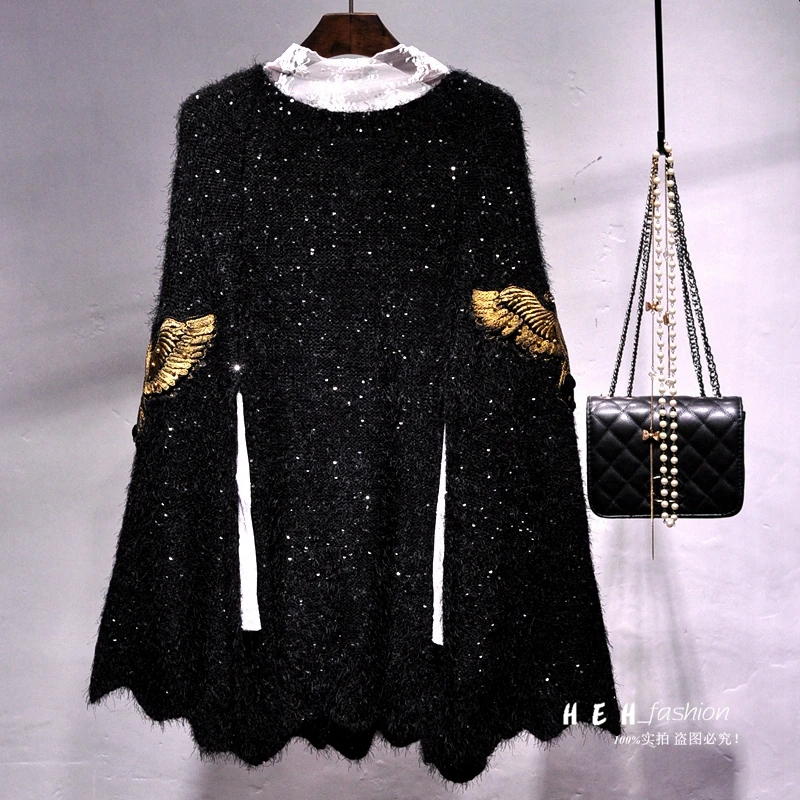 Cakucool Горячая Вязаное пончо Топы Для женщин свитер с блестками черного и золотого