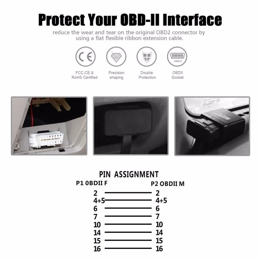 Плоский тонкий как лапша 30 см 16Pin OBDII OBD 2 мужчин и женщин ELM327 кабель