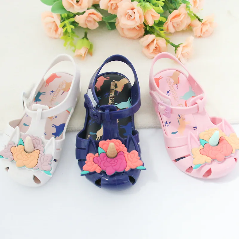 Mini Melissa/ оригинальные брендовые прозрачные сандалии с единорогом и цветами для девочек; римские сандалии для девочек; нескользящие сандалии Melissa для малышей