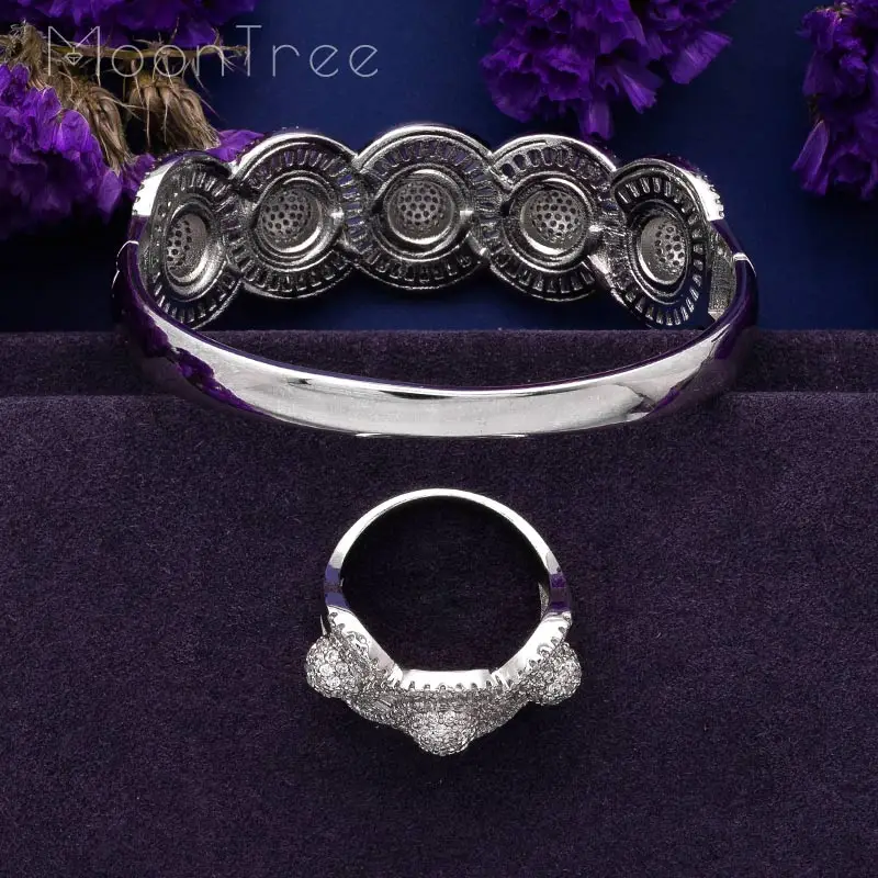 MoonTree Luxury Rhinestones Twist Shape Cubic Zircon Wide Bangle Ring Set Silver Color Plated Large Rings | Украшения и