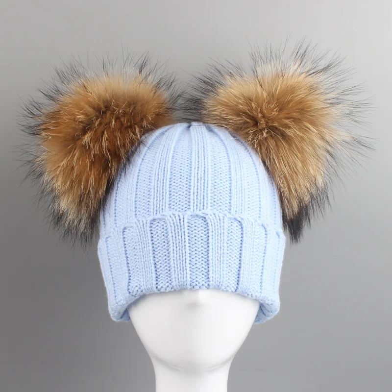 Детский акриловый головной убор Skullies шапки из меха енота помпон зимние детские