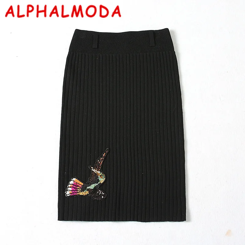 

[ALPHALMODA] Winter Women's Fashion Skirts High Waist Sequined Appliques Straight Knitted Ripped Skirts Knee Length
