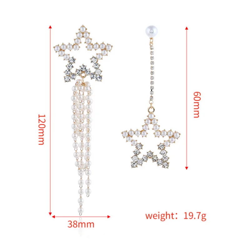 

Korean Pearl Long Ladies Five-pointed Star Earrings Crystal Fashion Tassel Exaggerated Earrings Asymmetric Jewelry