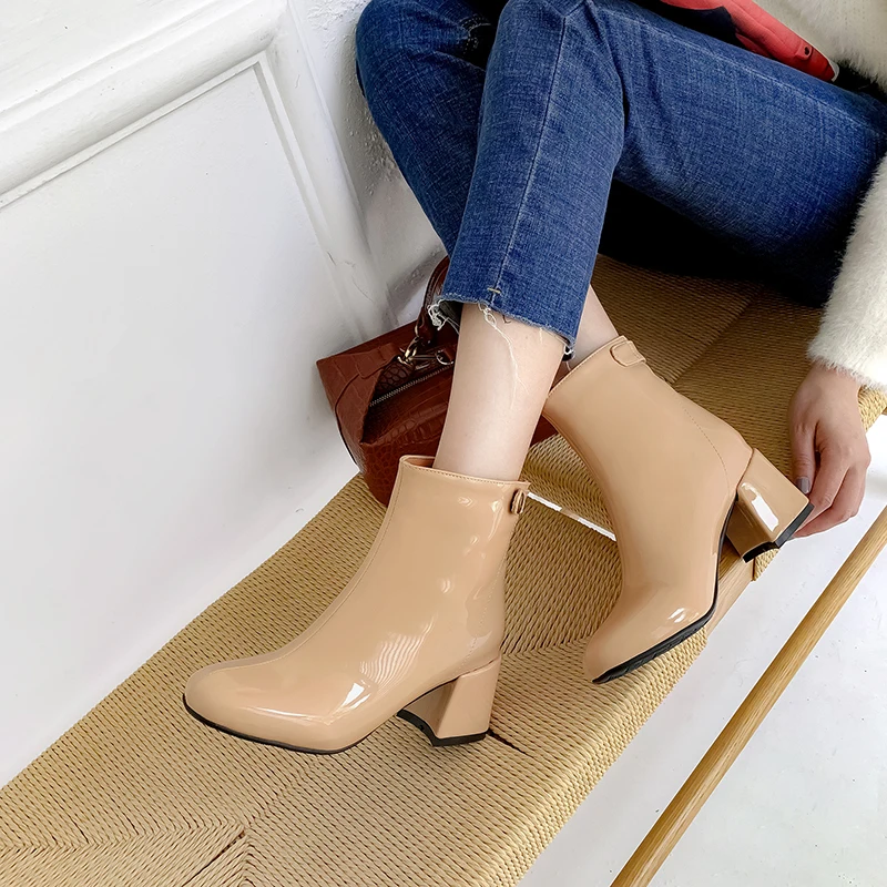 

WETKISS Patent Pu Boots Women Ankle Booties Square Toe Shoes Female High Heels Shoes Ladies Party Shoes Winter Plus Size 32-46