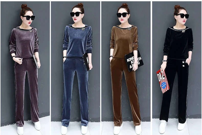 Женский бархатный комплект из 2 предметов повседневный спортивный костюм