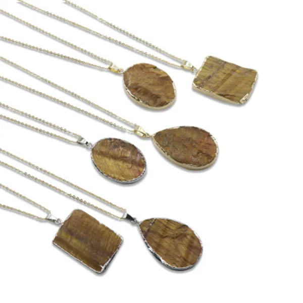 

Natural tiger eye original stone gilt edge pendant necklace oval-shaped oblong water drop