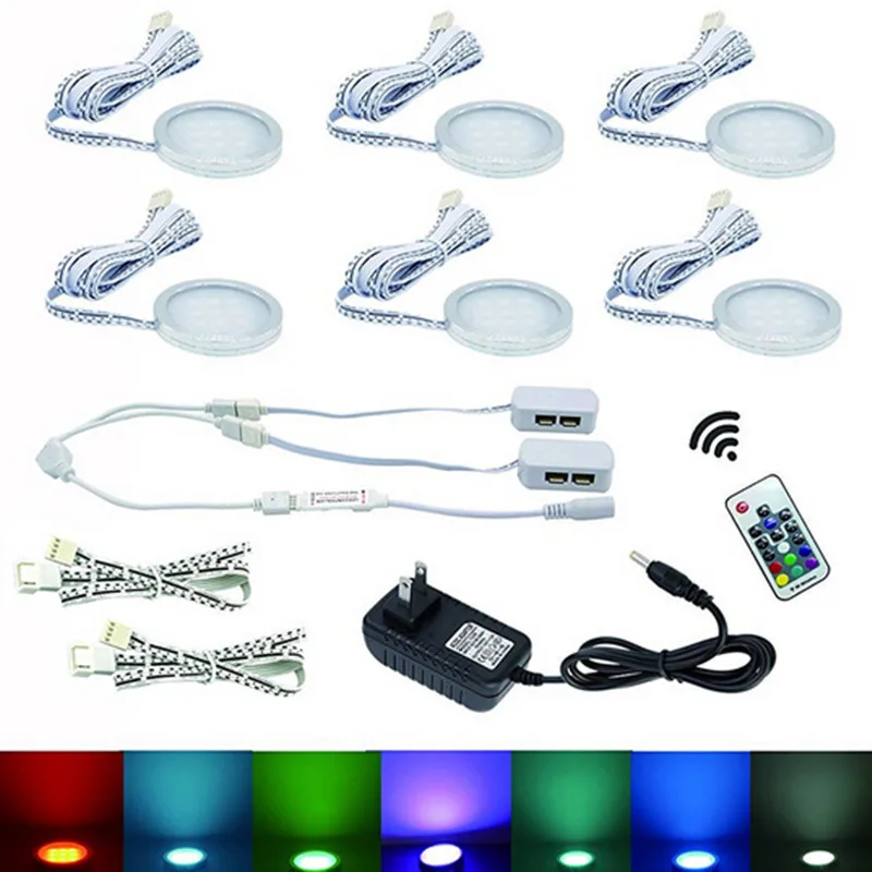 6 RGB Color Changing LED Under Cabinet Puck Lights Kit RF Remote Dimmable for Home Kitchen Counter Furniture Decoration Lighting