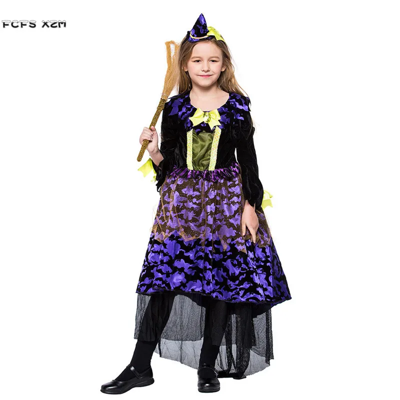 

Purple Girls Halloween Witch Costumes for Children's day Kids Magician Sorceress Cosplays Carnival Purim stage show party dress