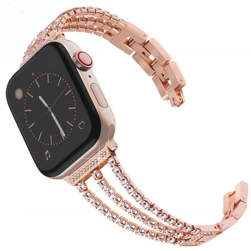 Women Watch Band Diamond Bling for Apple Watch iWatch 1/2/3/4 Stainless Steel Metal Three Chain Diamond Straps Bracelet - Цвет ремешка: rose gold