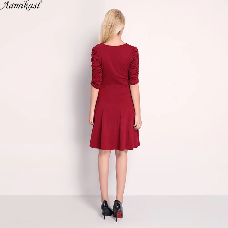 

Aamikast 2019 Summer Dress Women Sexy 3/4 Sleeve O-Neck Casual Pleated Tunic Office Knitted Dresses Vestidos De Festa