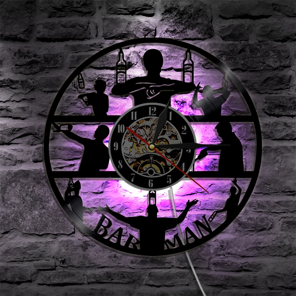  Barman Vinyl Record Wall Clock Club Vintage Time Creative Hanging Art With LED Blacklight Gift For Barmen | Дом и сад