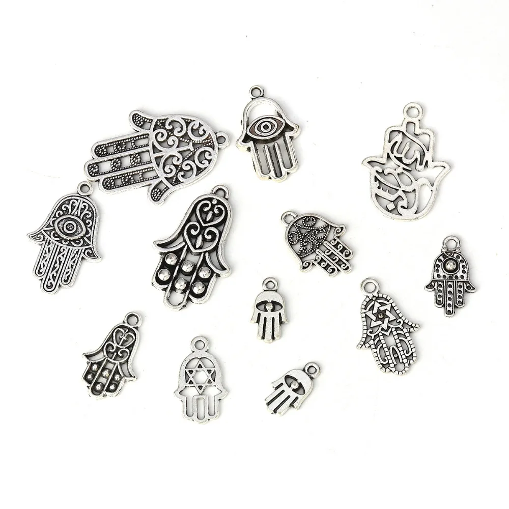 DoreenBeads Zinc Based Alloy Pendants Hamsa Symbol Hand silver color Mixed Charms 3.5 x2.4cm - 1.6 x0.9cm 1 Set ( 12 PCs/Set) | Украшения и