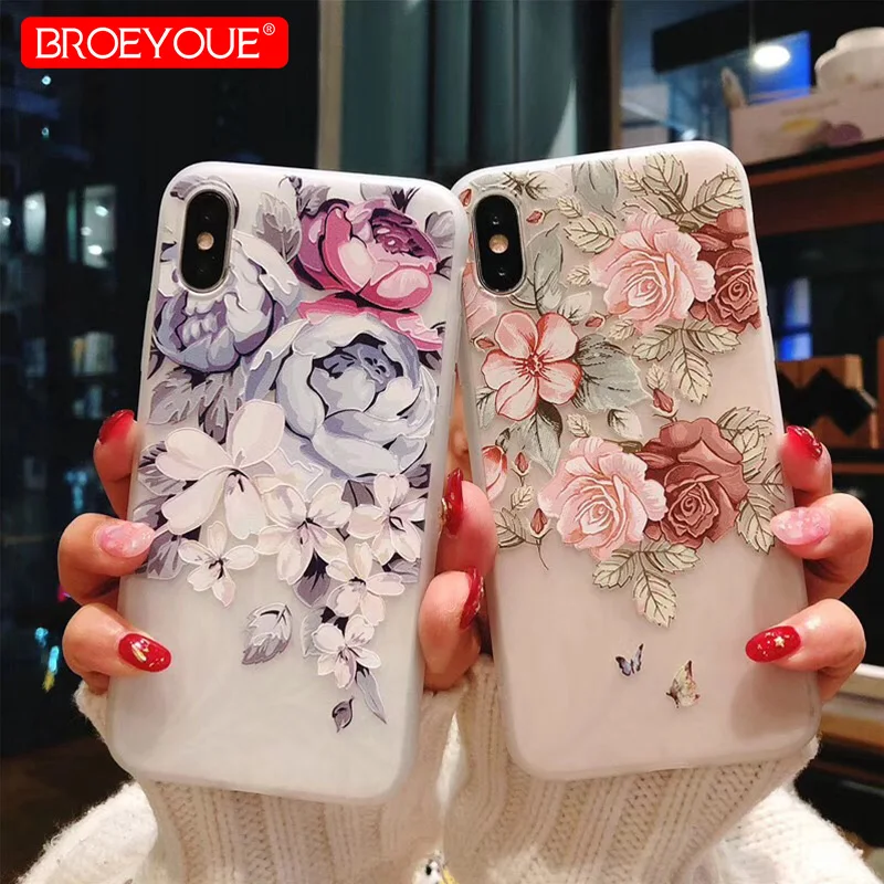 BROEYOUE чехол для iPhone X 5 5S SE 6 S 7 8 3D мягкий рельеф ТПУ Симпатичные Florals Силиконовые