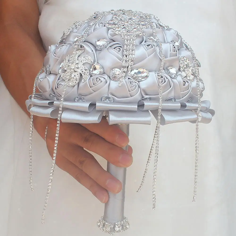 18CM Silk Rose Wedding Bouquet Crystal Brooch Bridal Rhinestone Fringe Bridesmaid Holding Flowers Multi-color Optional | Дом и сад