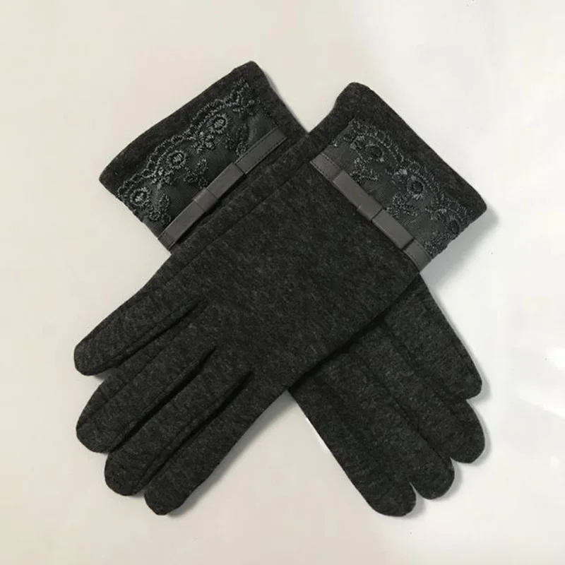 Dark Gray Модные женские хлопчатобумажные кружевные наручные перчатки с сенсорным экраном, зимние женские основовязаные бархатные плюс плюшевые теплые перчатки на весь палец B73 - Цвет: Dark Gray