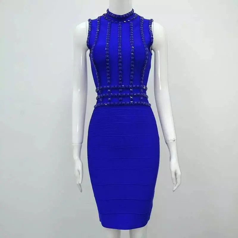 

Top Quality Blue Black Mantual Beading Bodycon Sleeveless Rayon Bandage Dress Homecoming Party Dress