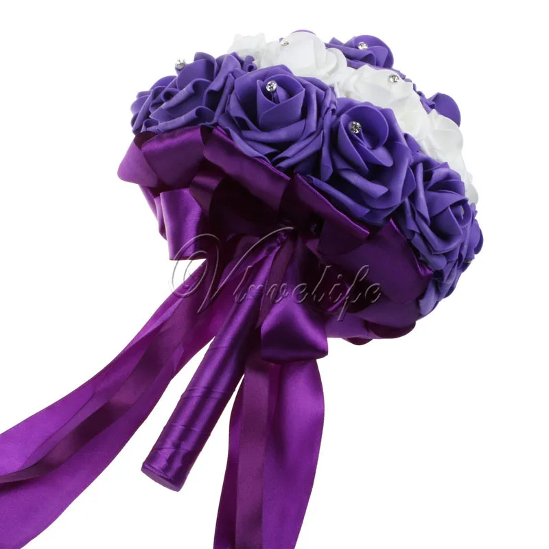purple Свадебный букет ручной работы Искусственные из ПЭ пены розы цветы со стразами атласные ленты бант вечерние сувениры Декор - Цвет: purple
