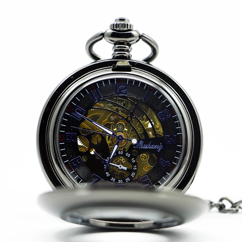 Antique Vintage Mens Steel Skeleton Roman Number Mechanical Pocket Watch Hand Wind Watches with Chain PJX1283