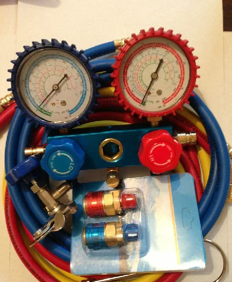 

R134A Manifold Gauges Freon Refrigerant+36" Hoses Tricolor Fluoridated Tube Hoses+2pc QC-12 Quick Couplers+Can Bottle Tap Opener