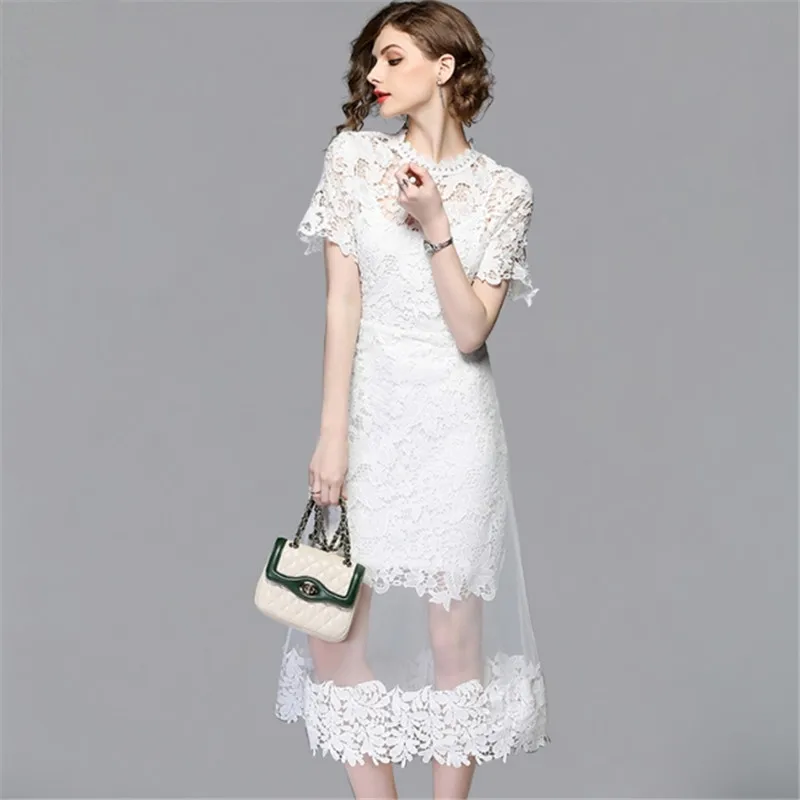 Summer Female Mesh Patchwork Long Lace Dress Women O-Neck Work Casual Party Slim Sexy White Dresses Vintage Vestidos | Женская одежда