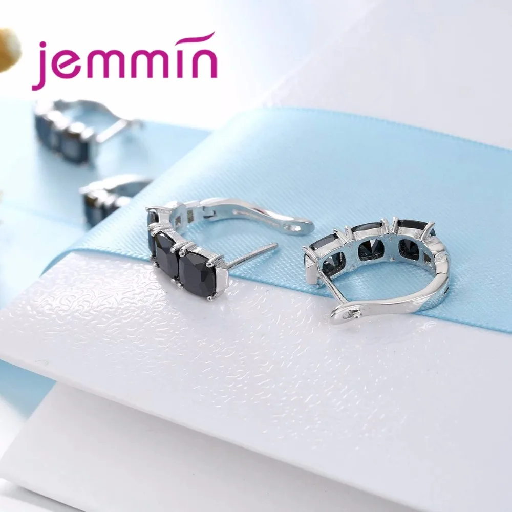 Роскошный Черный Кристалл 925 стерлингового серебра серьги кольца для женщин