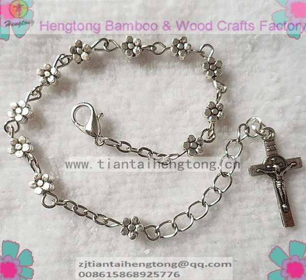 

5mm zinc allloy bead rosary bracelet benedicted cross pendant and cute flower shape bangle