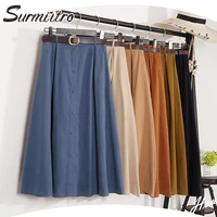 surmiitro suede velvet midi long skirt female 2021 spring autumn korean style blue a line mid length high waist skirt women