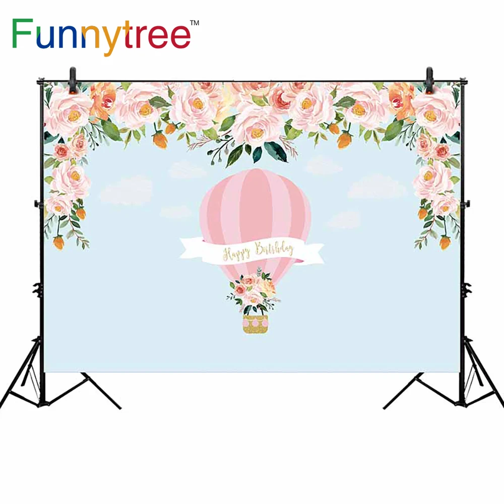 

Funnytree тонкий Виниловый фон для фотосъемки розовый воздушный шар голубое небо Акварельные Цветы день рождения для фотографирования детей