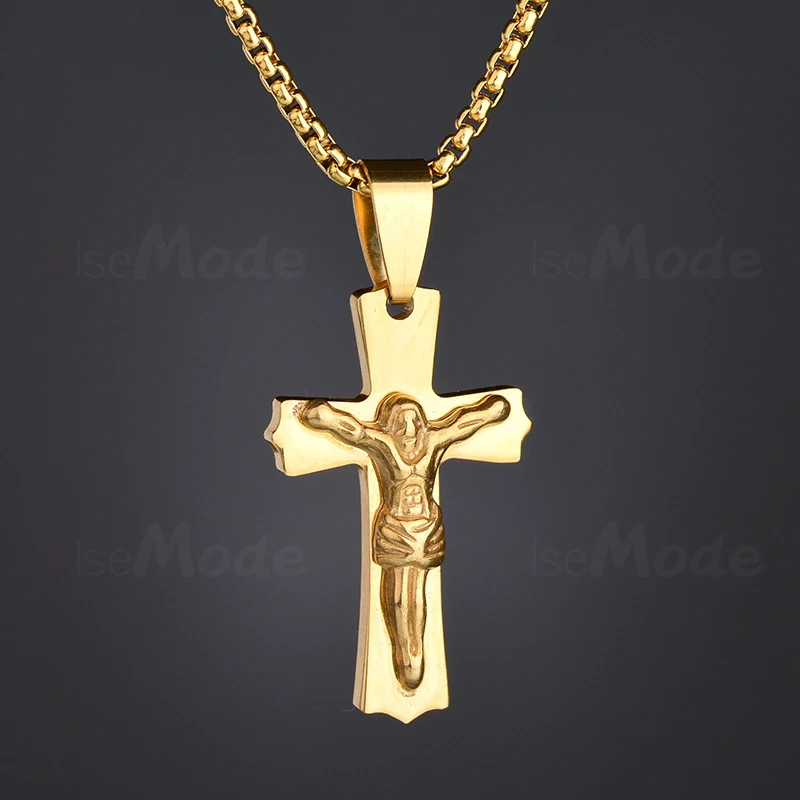 Ожерелье с крестом ELSEMODE подвеска распятием Иисуса золото титан нержавеющая
