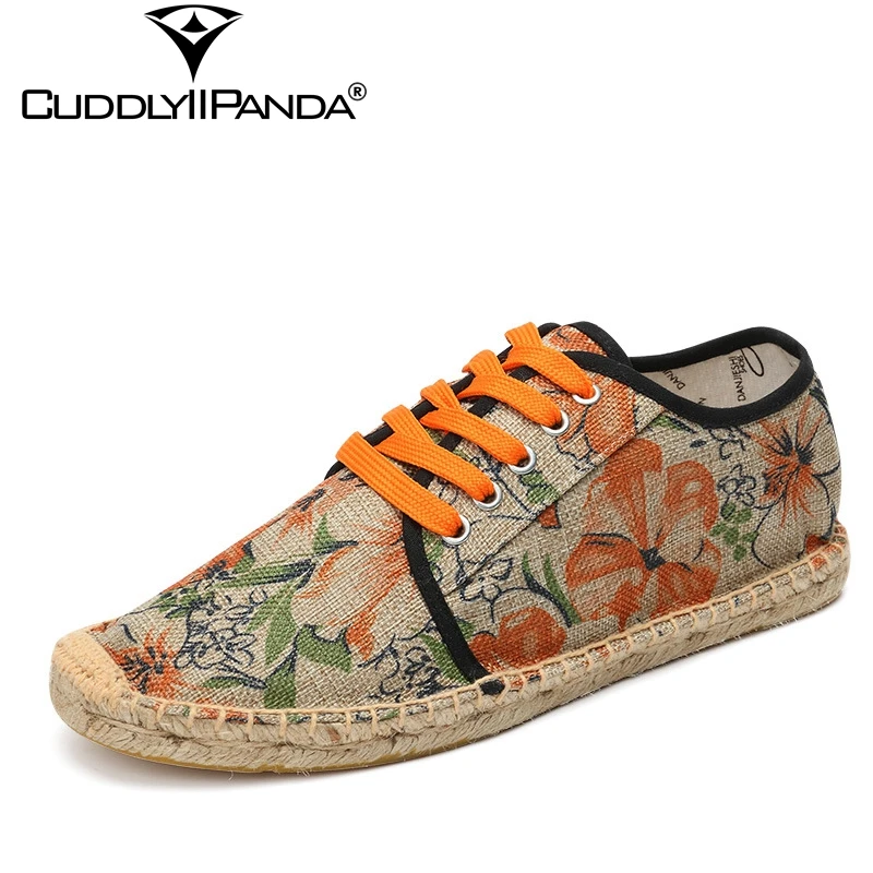 

Парусиновые эспадрильи CuddlyIIPanda фиолетового оранжевого цвета, мужские кроссовки ручной росписи, льняная повседневная обувь с цветами, Плете...