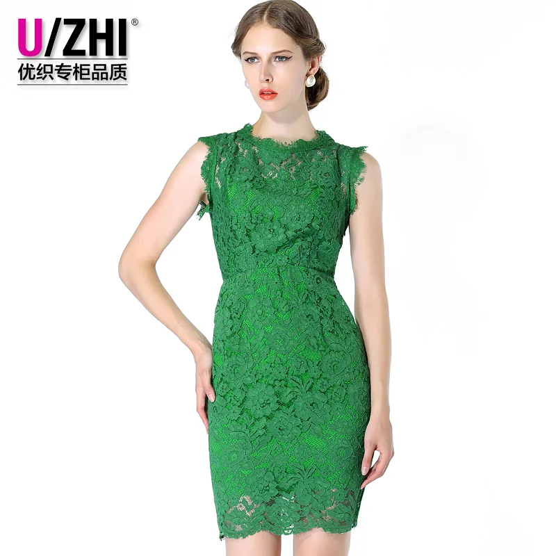 Cultivate one's morality bowknot relief decoration Heavy water soluble lace embroidery green dress | Женская одежда