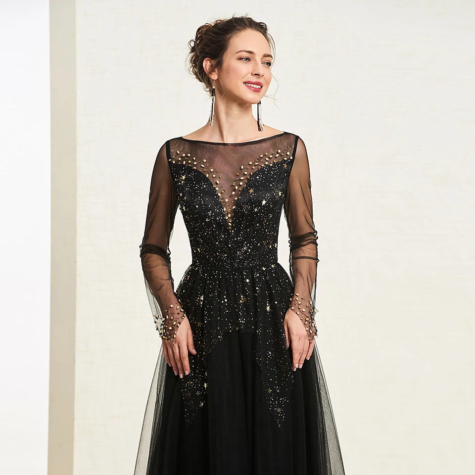 Dressv Черное вечернее платье трапециевидной формы с круглым вырезом, с длинными рукавами, на пуговицах, длина до пола, свадебное вечернее платье, вечернее платье es