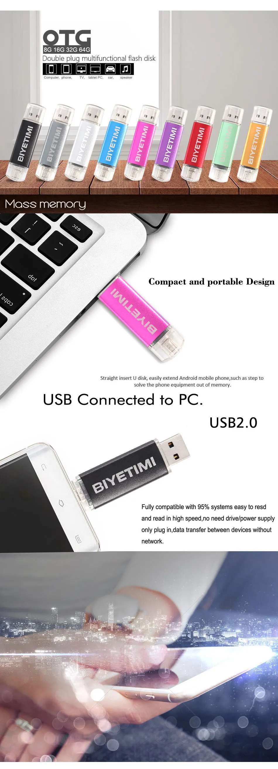 Usb флеш-накопитель BIYETIMI Corlorful OTG, 8 ГБ, 16 ГБ, 32 ГБ, 64 ГБ, карта памяти Usb, 2,0, флешка флеш-накопитель для смартфона