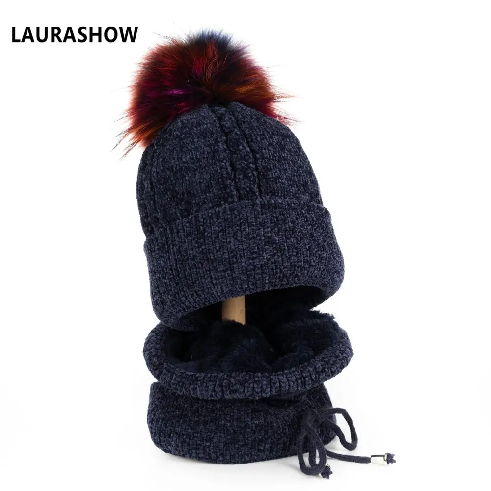 as picture Lavashow 1 комплект для взрослых зимняя шапка с шарфом 15-16 см мяч из натурального меха енота помпоны шапка вязаная шапка Skullies женские шапочки - Цвет: as picture