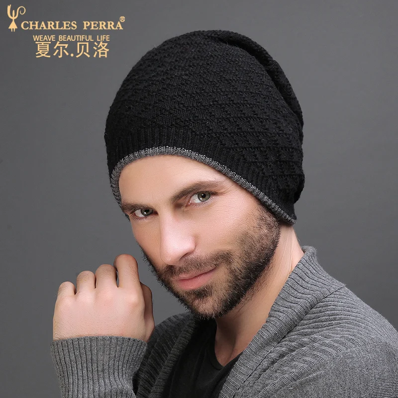 Мужские вязаные шапки Charles Perra зимние двухслойные утолщенные шерстяные модные