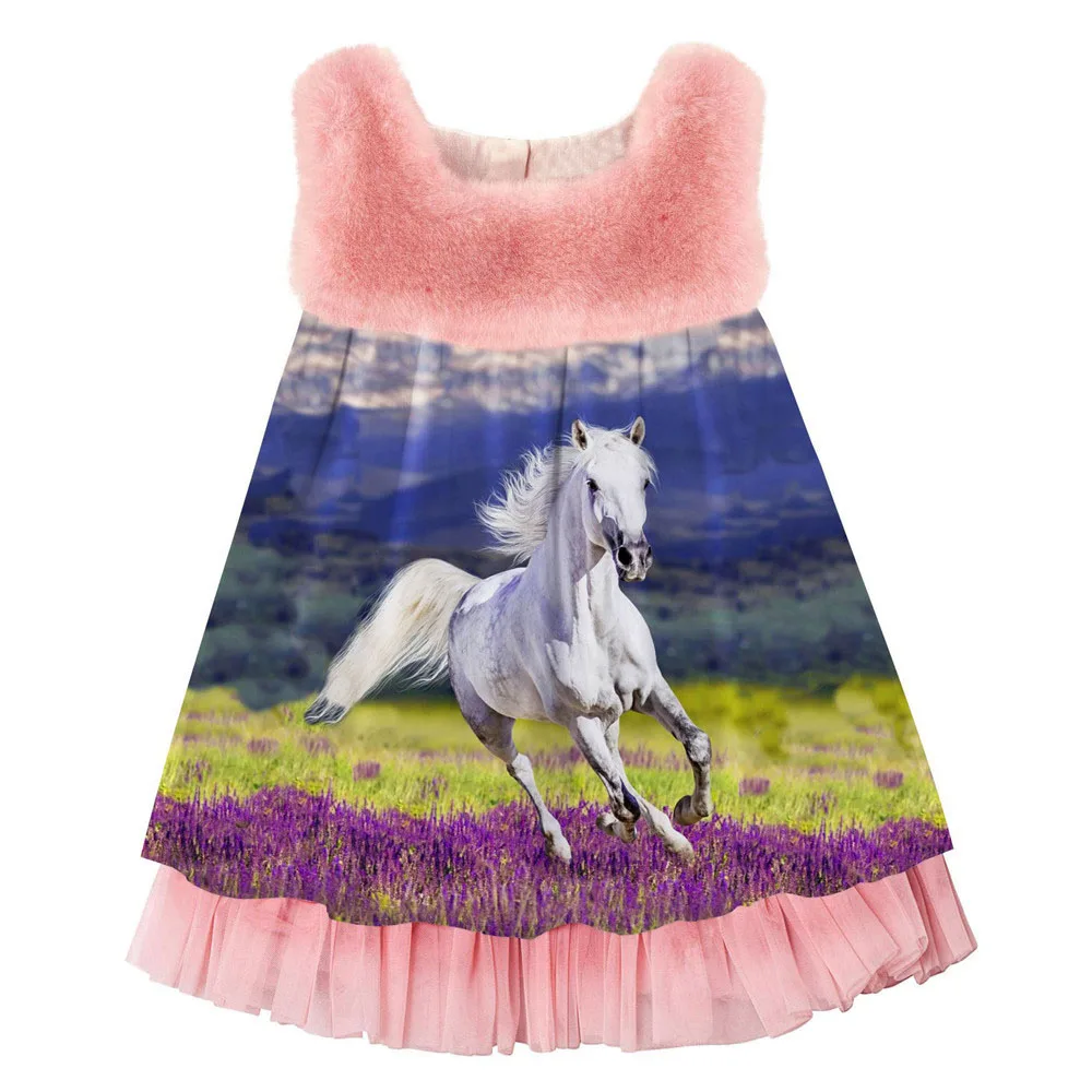 baby Girls Dress fashion Cute Animal printing Spring/Autumn faux fur sleeve girls dress Toddler Kids Dresses Children Clothing | Детская