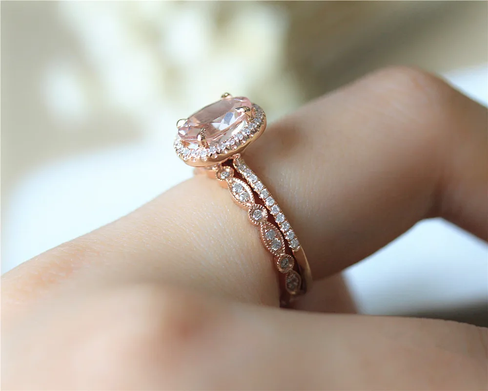 

DUPUY 7*9mm Oval Cut Morganite Engagement Ring Set Art Deco Full Eternity Diamonds Wedding Ring Set Solid 14K Rose Gold Ring Set