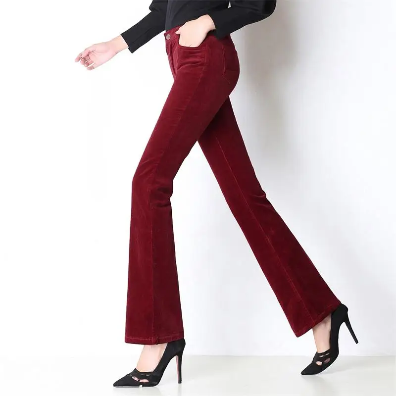 Женские вельветовые расклешенные брюки длинные с высокой талией размер 26 36 осень
