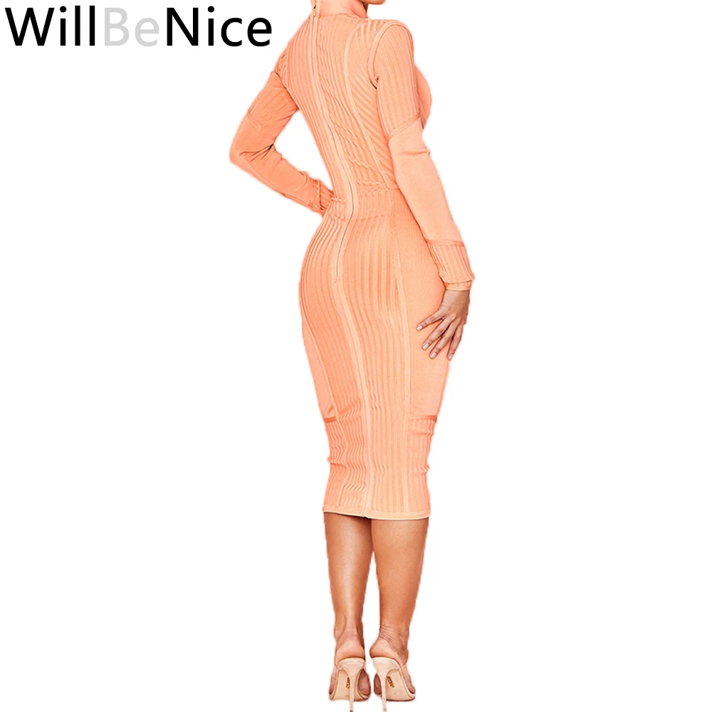 Женское облегающее платье WillBeNice оранжевое средней длины с длинным рукавом на
