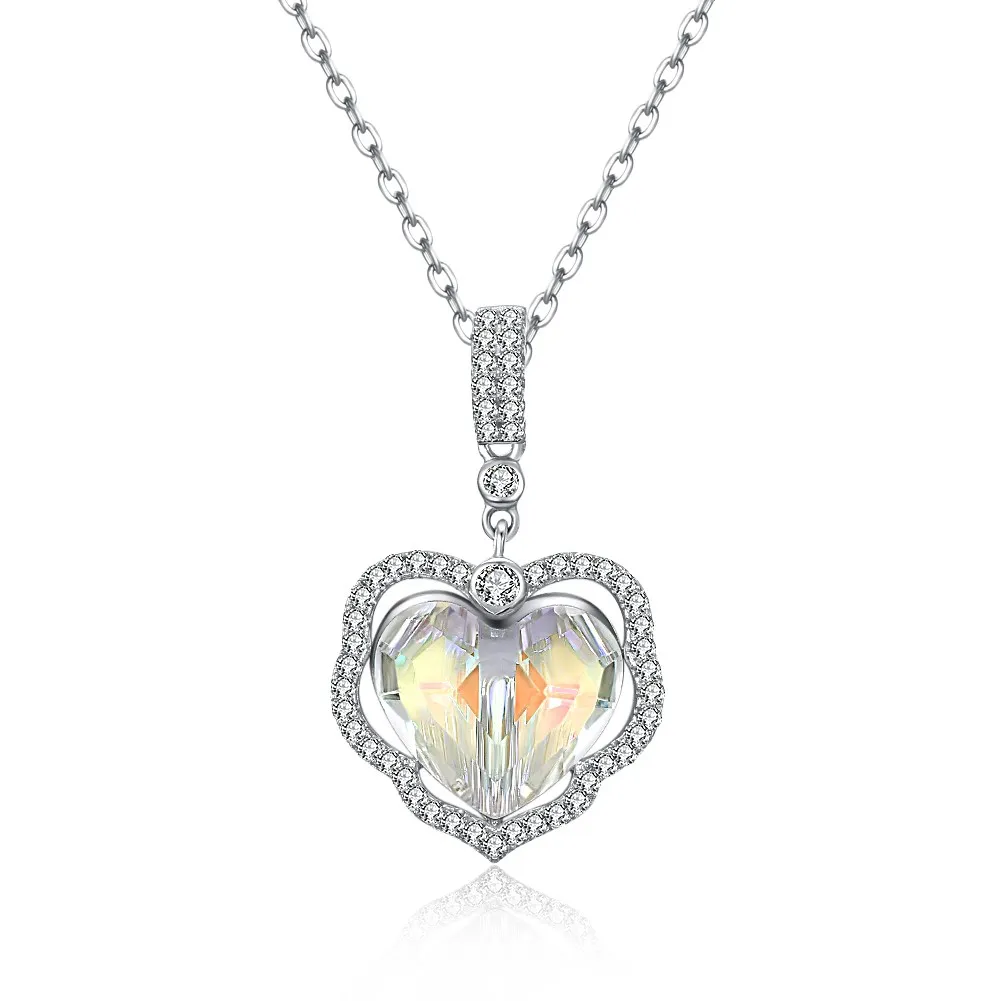 

Элегантный женский кулон с кристаллами из австрийского сердца, ожерелье из стерлингового серебра 925 пробы с кулоном в виде сердца, модное ож...