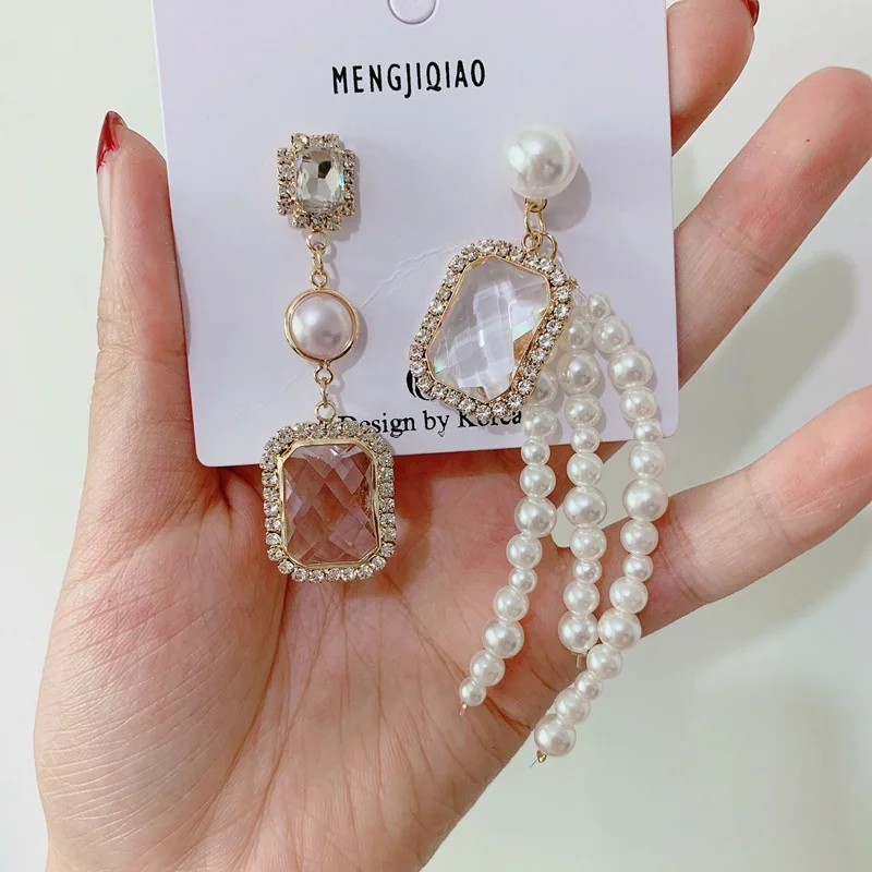 MENGJIQIAO новые корейские ТВ звезды Асимметричные квадратные серьги с кисточками и кристаллами для женщин девушек Элегантные Имитация Жемчуга Oorbellen ювелирные изделия